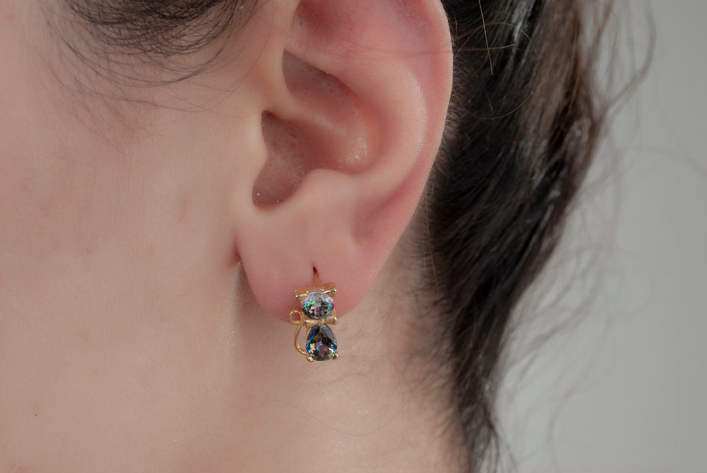 Silver Mystical Topaz Cat Earrings, Bowtie Cat Earrings, Cat Studs Earrings, Cat Dangle Earrings For Cat Mom, Kitty Earrings, Gift For Mom
