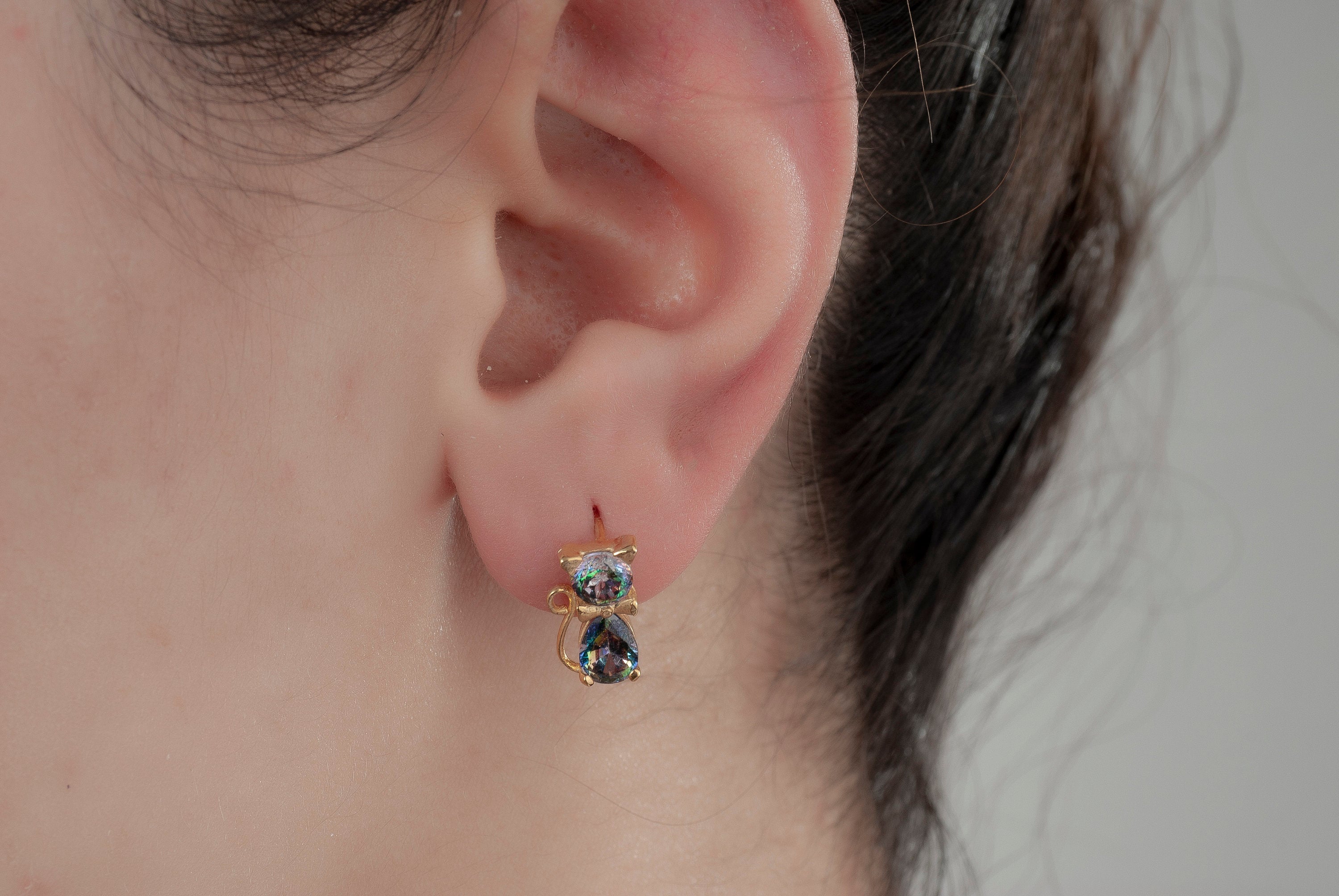 Silver Mystical Topaz Cat Earrings, Bowtie Cat Earrings, Cat Studs Earrings, Cat Dangle Earrings For Cat Mom, Kitty Earrings, Gift For Mom