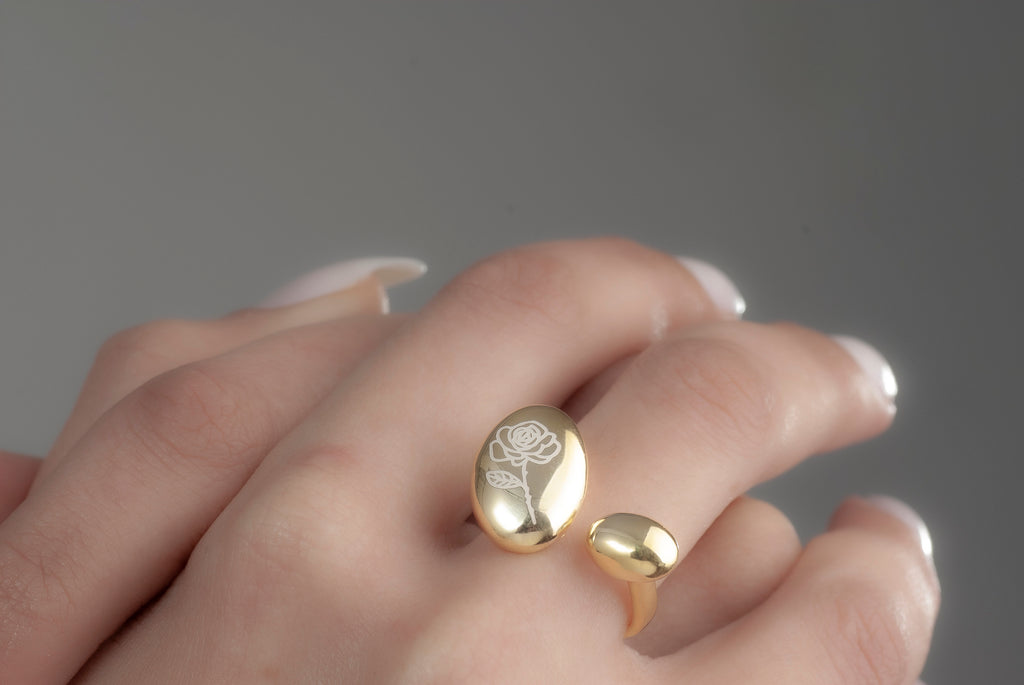 14K Gold Chunky Birth flower Ring, Adjustable Dome Ring, Birth Flower Jewelry, Stackable Rings, Chunky Ring, Stacking Ring, Valentines Gift
