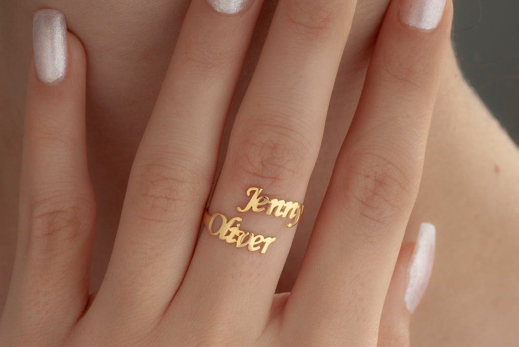 14K Gold Double Name Ring, Two Name Ring, Gold Couple Name Ring, Best Friend Gift, Personalized Ring for Women,Dainty Name Ring, Custom Ring