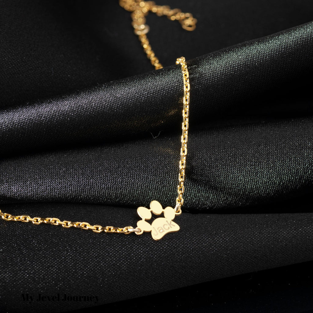 14K Gold Pet Paw Print Bracelet, Personalized Dog Paw Bracelet, Tiny Paw Name Bracelet, Paw Name Charm, Personalized Dog Memorial Gift