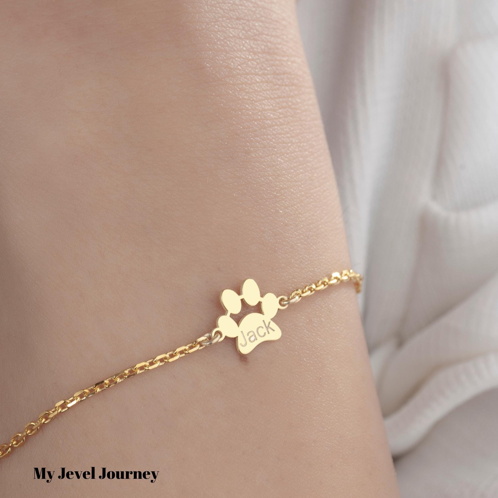 14K Gold Personalized Pet Paw Bracelet, Dog Paw Bracelet, Tiny Paw Name Bracelet, Custom Pet Jewelry, Memorial Gift