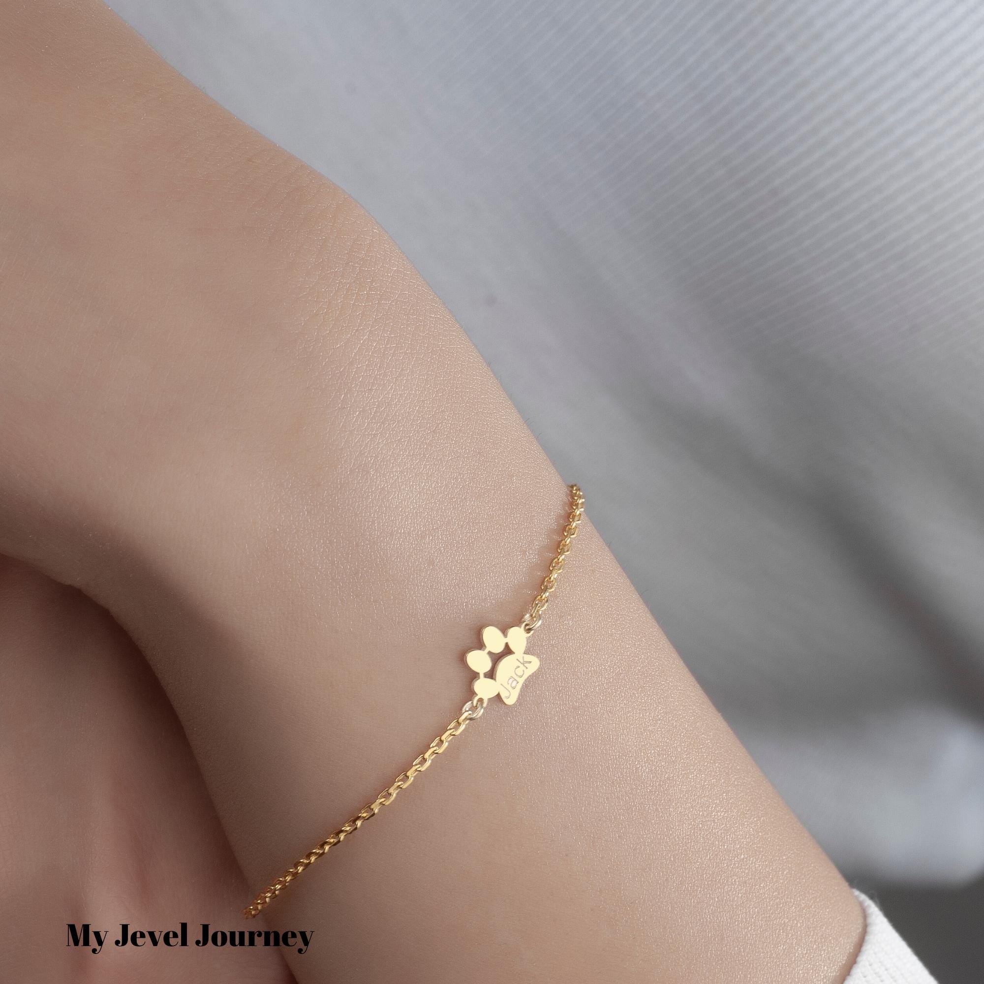 14K Gold Personalized Pet Paw Bracelet, Dog Paw Bracelet, Tiny Paw Name Bracelet, Custom Pet Jewelry, Memorial Gift