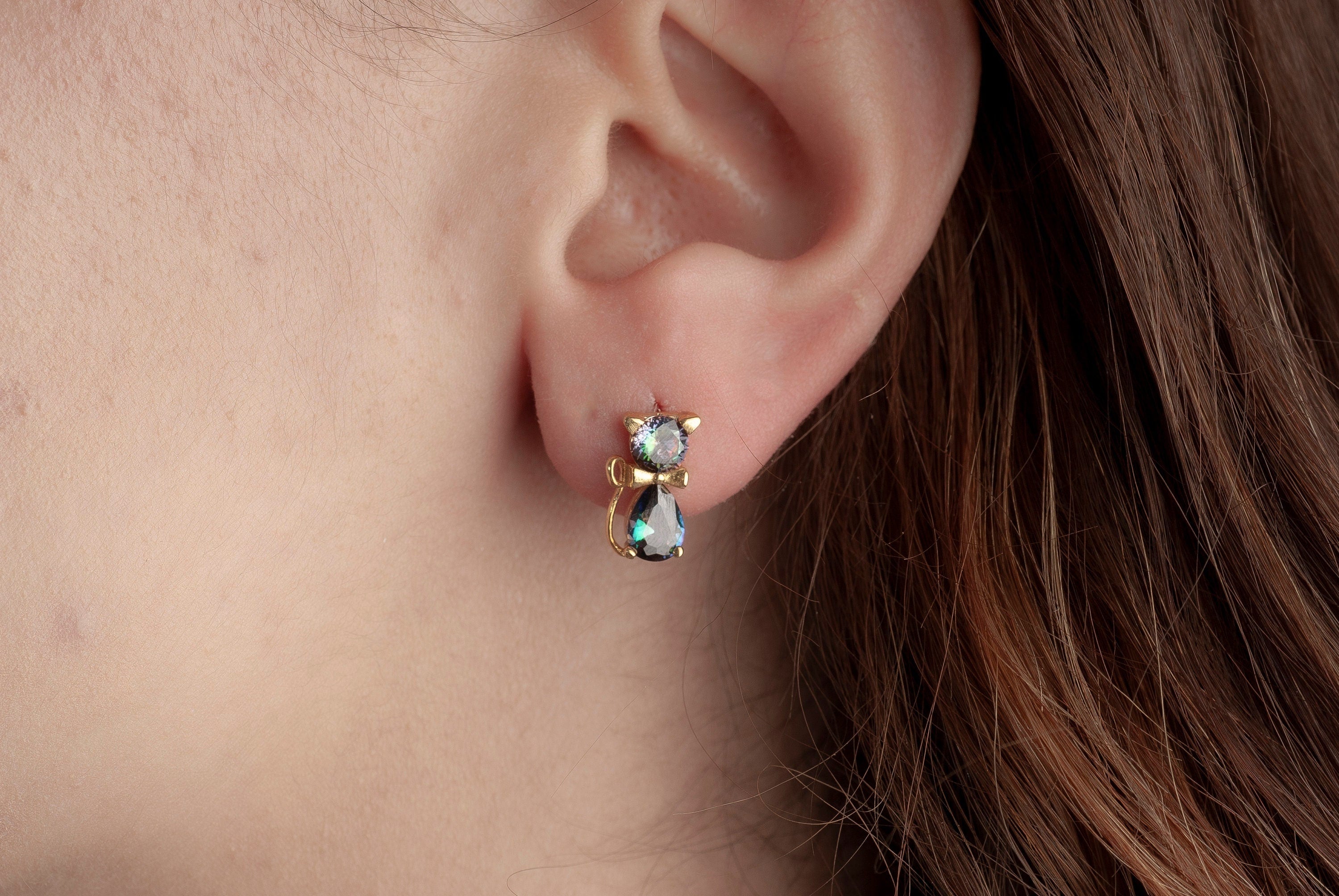 Silver Mystical Topaz Cat Earrings, Bowtie Cat Earrings, Cat Studs Earrings, Cat Dangle Earrings For Cat Mom, Kitty Earrings, Gift For Mom