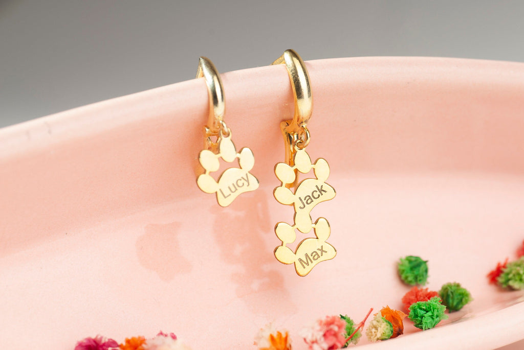 14K Gold Dog Paw Print Name Earrings, Pet Paw Earrings, Pet Dangle Letter Earrings, Pet Memorial Gift, Pet Lovers Jewelry, Mom Name Earrings