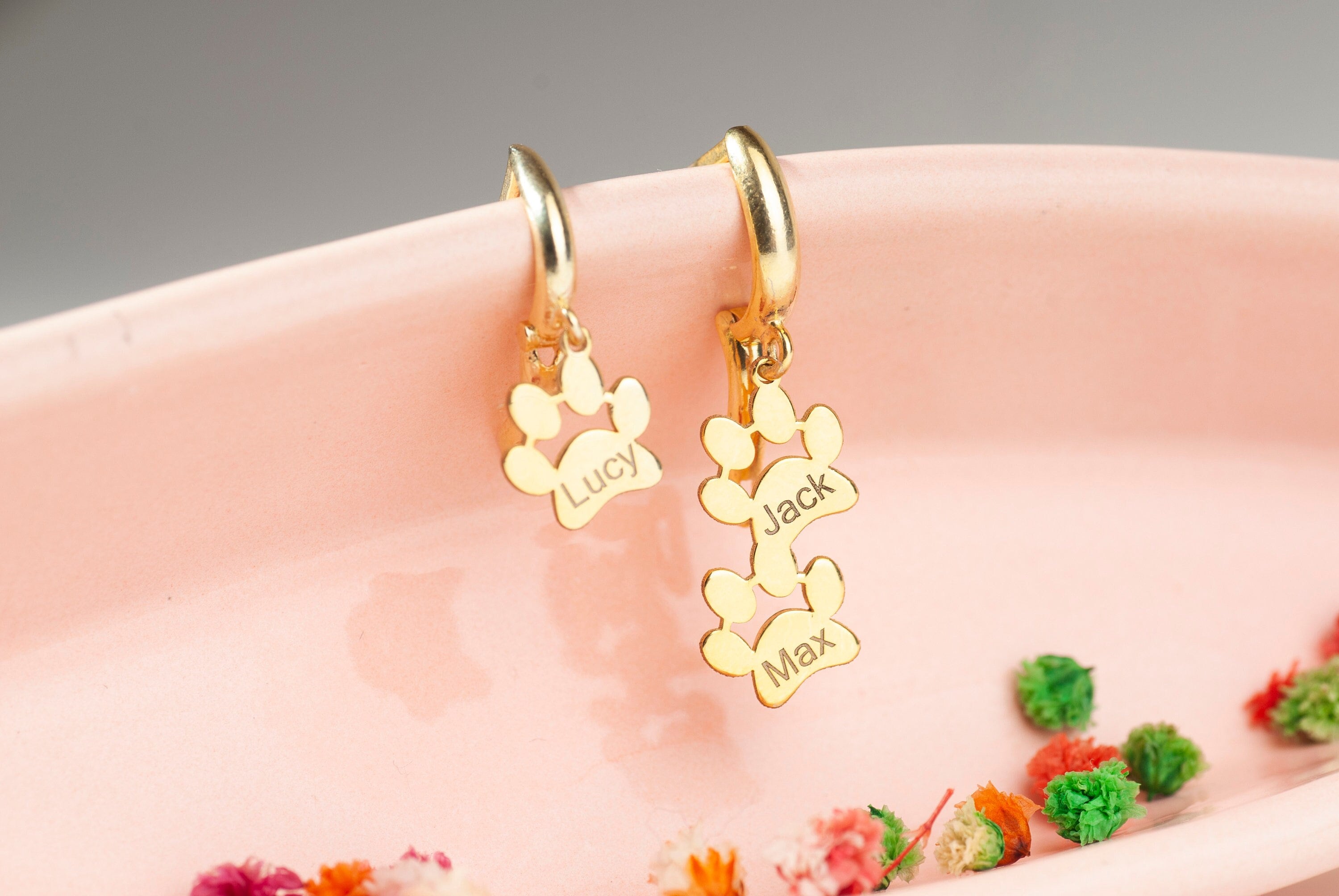 14K Gold Dog Paw Print Name Earrings, Pet Paw Earrings, Pet Dangle Letter Earrings, Pet Memorial Gift, Pet Lovers Jewelry, Mom Name Earrings