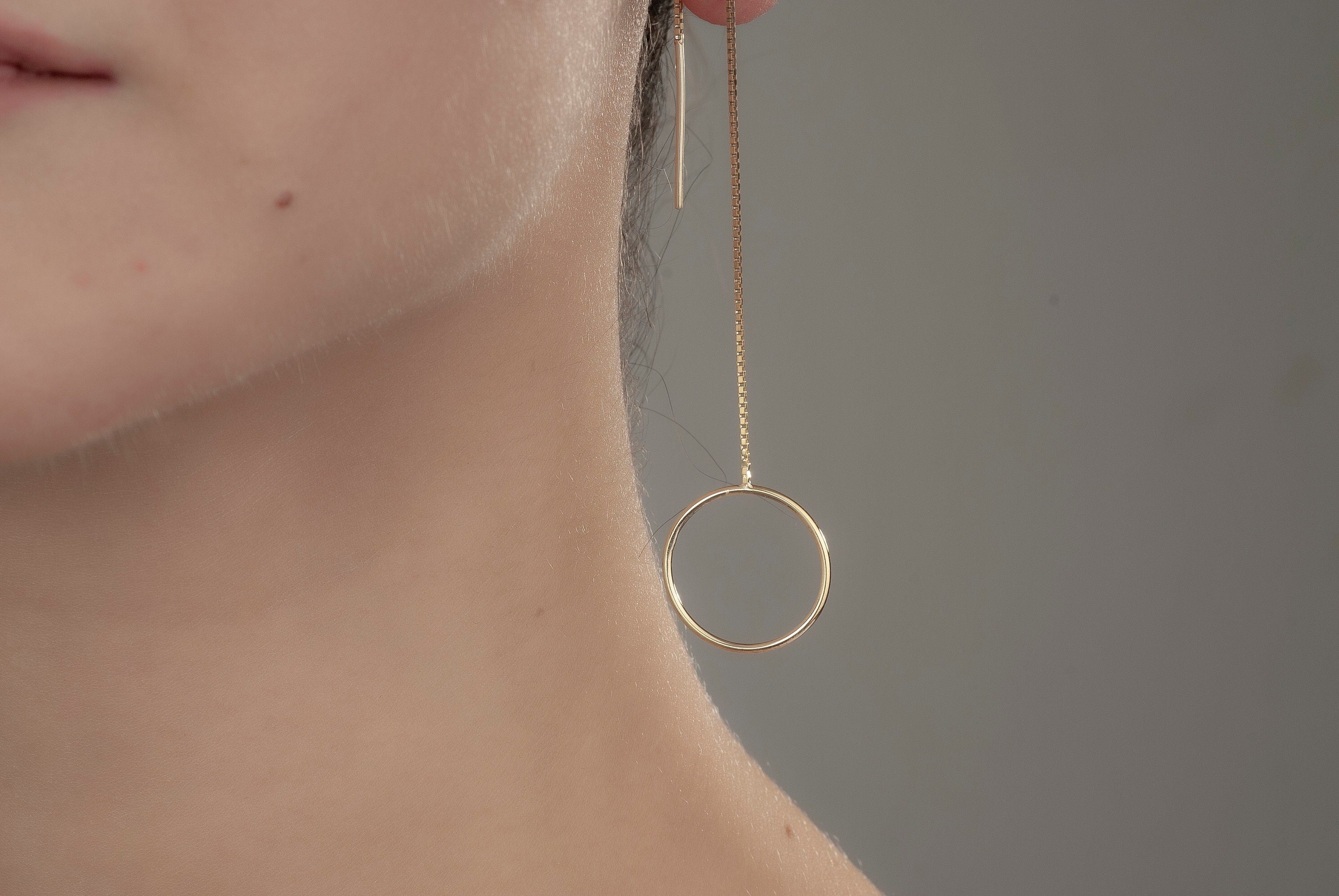 Elegant 14K Gold Circle Threader Earrings, Hoop Earrings Set, Stylish Silver Hoops, Big Hoop Earrings, Circle Threader Hoop Earrings
