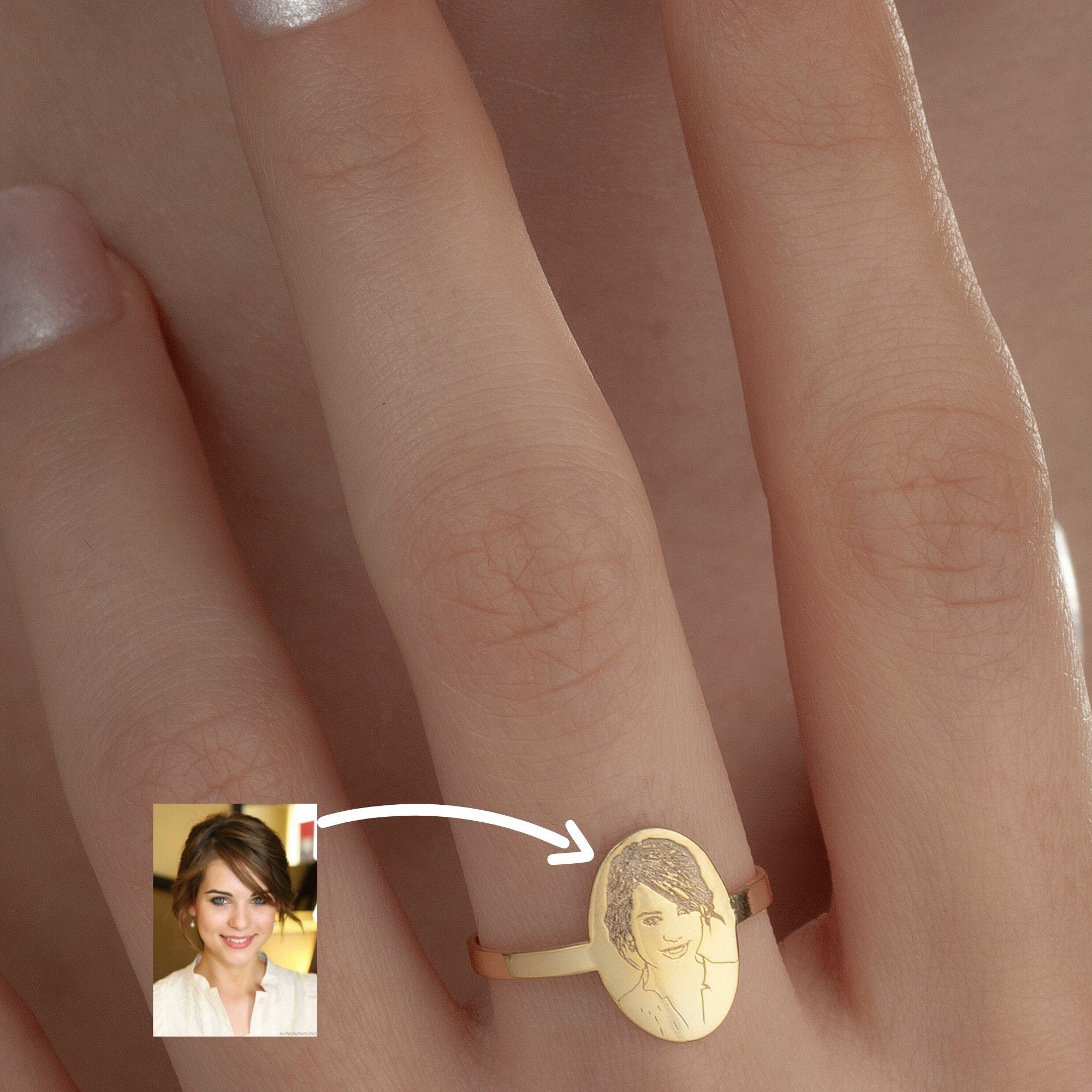 14K Gold Personalized Photo Engraved Ring, Silver Portrait Ring, Custom Photo Ring, Custom Picture Ring, Memorial Ring, Gift for Mom Her