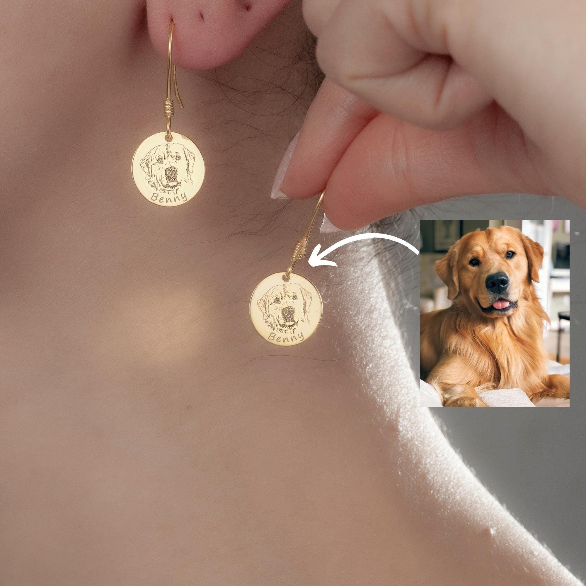 Personalized 14K Gold Pet Photo Earrings, Custom Pet Portrait Earrings,14K Gold Dog Photo Earrings, Pet Earrings, Dog Earrings, Pet Jewelry