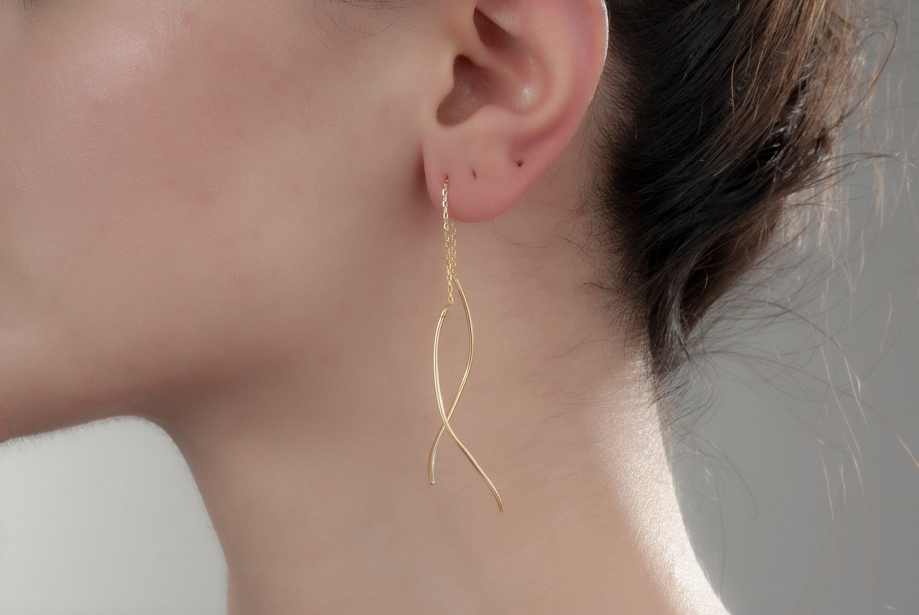 14K Gold Wave Wire Earrings, Wave Earrings, Lightweight Earrings, Statement Earrings, Threader Earrings, Mother Days Gift, 14K Gold Earrings