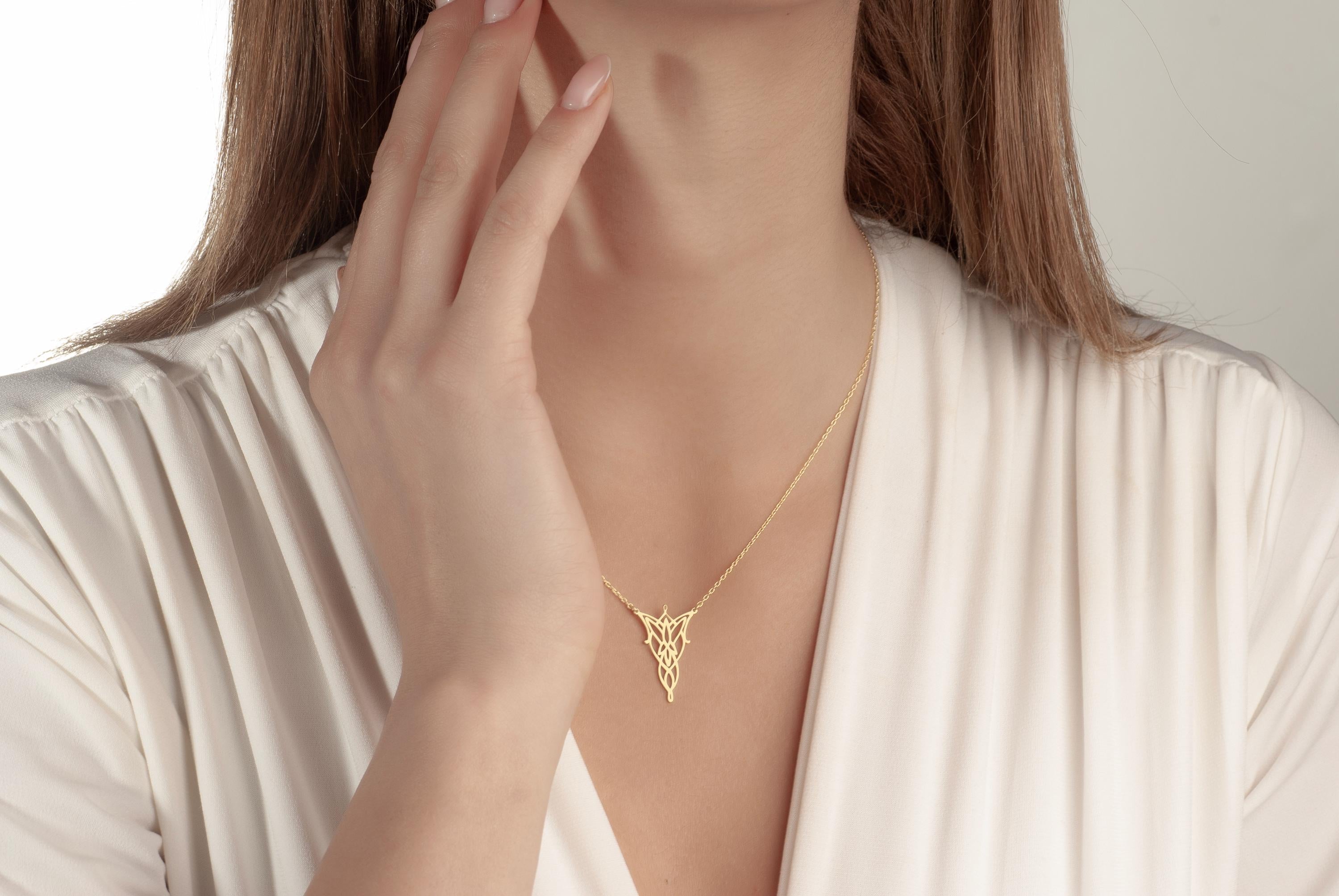 14K Gold Elven Leaf Necklace - Arwen Evenstar Necklace - LOTR Inspired Elven Pendant - Elvish Style Jewelry - Minimalist Fantasy Jewelry