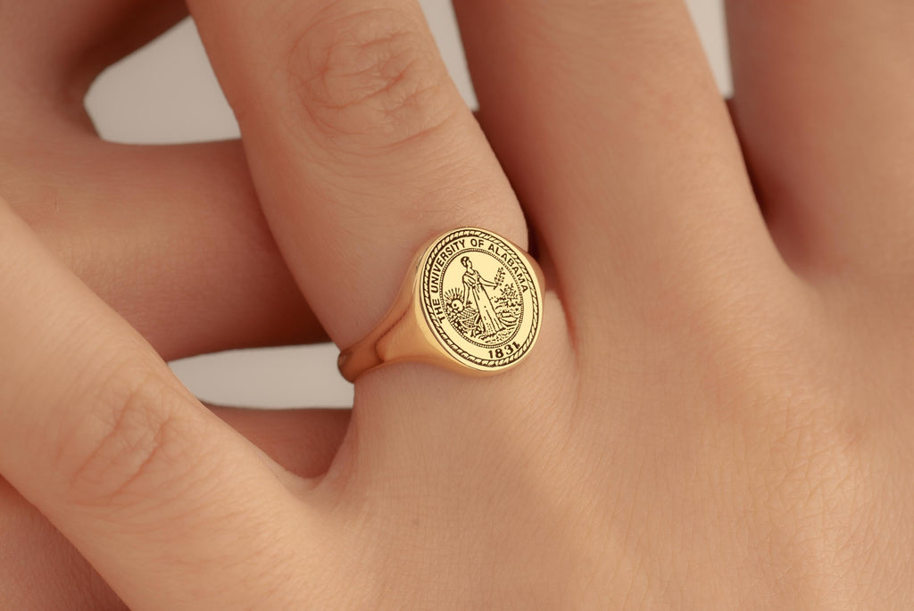 Custom College Class Ring in 14K Solid Gold, Custom School Emblem Class Ring, Handmade College Ring, Senior Year Gift, Custom Crest Jewelry