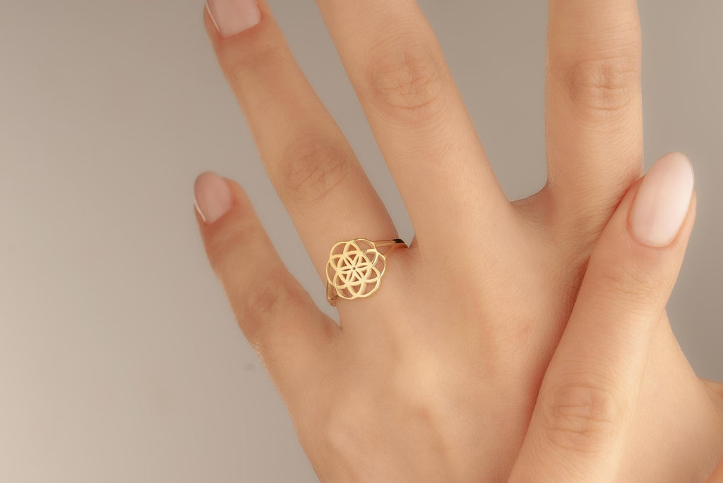 14K Gold Flower of Life Ring, Seed of Life Ring, Sacred Geometry Mandala Band Ring, Gold Yoga Ring, Boho Ring, Spiritual Ring For Her