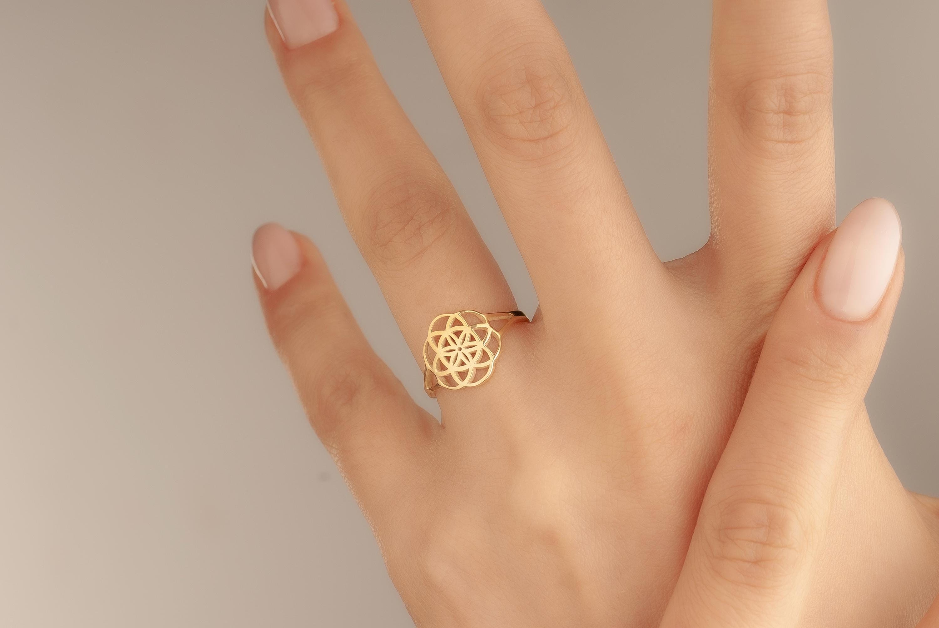 14K Gold Flower of Life Ring, Seed of Life Ring, Sacred Geometry Mandala Band Ring, Gold Yoga Ring, Boho Ring, Spiritual Ring For Her