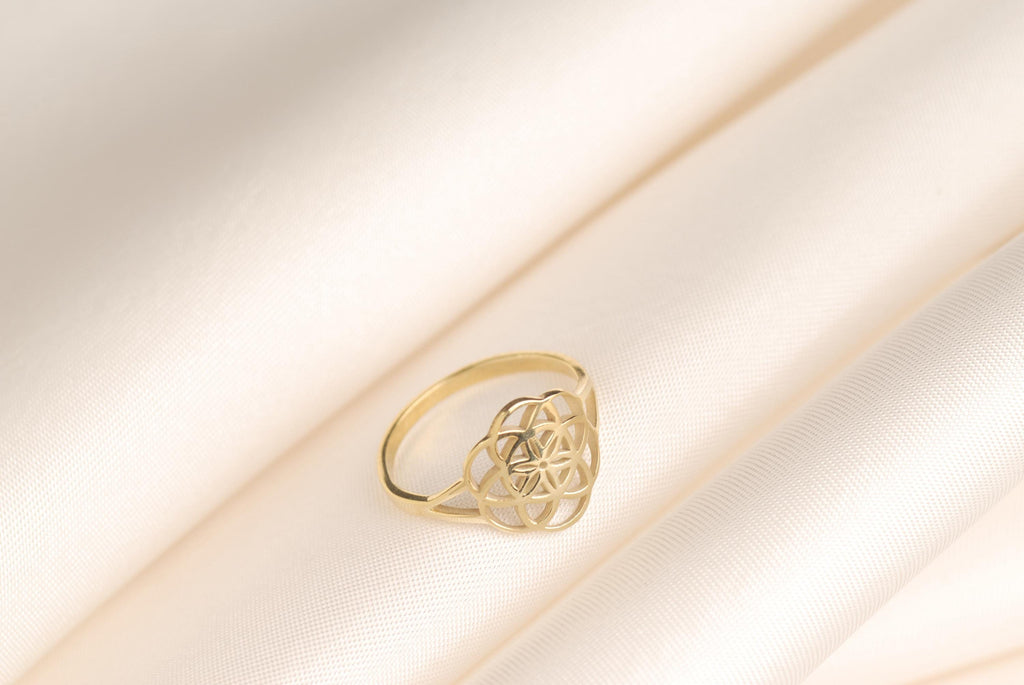 14K Gold Flower of Life Ring, Seed of Life Ring, Sacred Geometry Mandala Band Ring, Gold Yoga Ring, Boho Ring, Spiritual Ring For Her