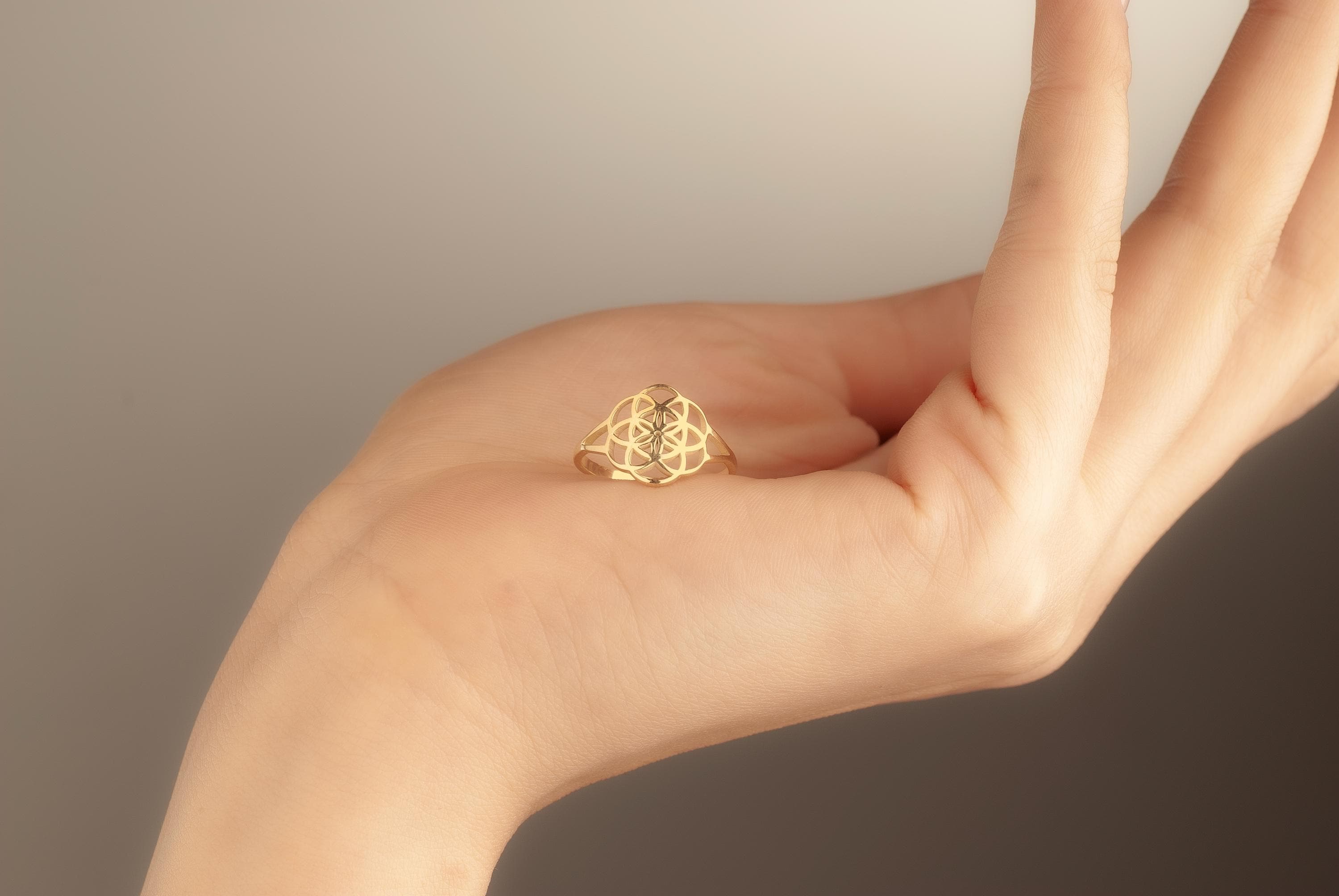 14K Gold Flower of Life Ring, Seed of Life Ring, Sacred Geometry Mandala Band Ring, Gold Yoga Ring, Boho Ring, Spiritual Ring For Her