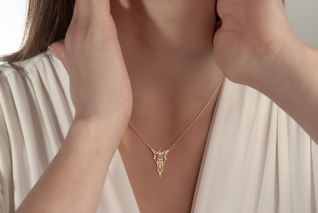14K Gold Elven Leaf Necklace - Arwen Evenstar Necklace - LOTR Inspired Elven Pendant - Elvish Style Jewelry - Minimalist Fantasy Jewelry