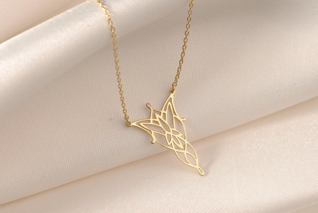 14K Gold Elven Leaf Necklace - Arwen Evenstar Necklace - LOTR Inspired Elven Pendant - Elvish Style Jewelry - Minimalist Fantasy Jewelry