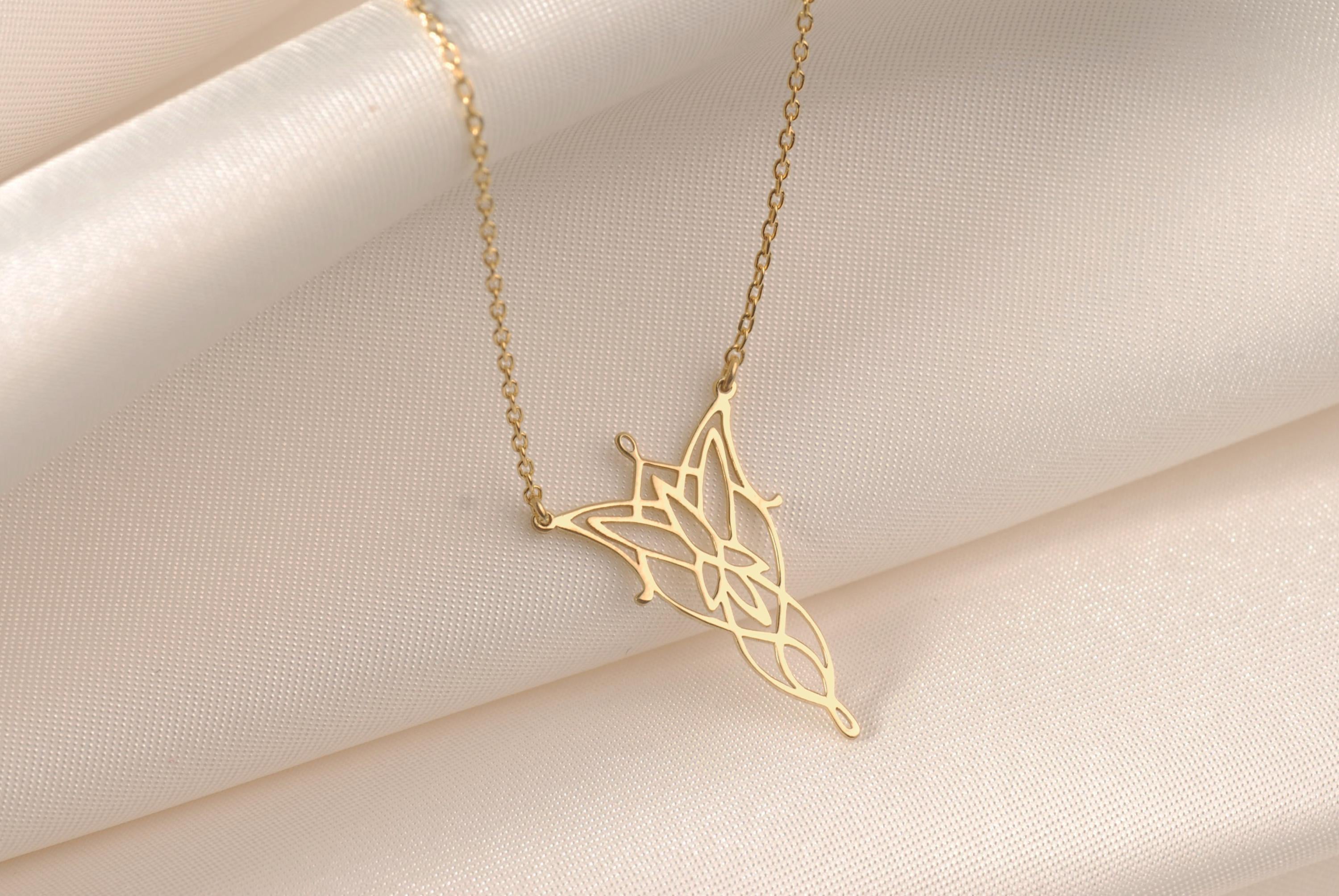 14K Gold Elven Leaf Necklace - Arwen Evenstar Necklace - LOTR Inspired Elven Pendant - Elvish Style Jewelry - Minimalist Fantasy Jewelry