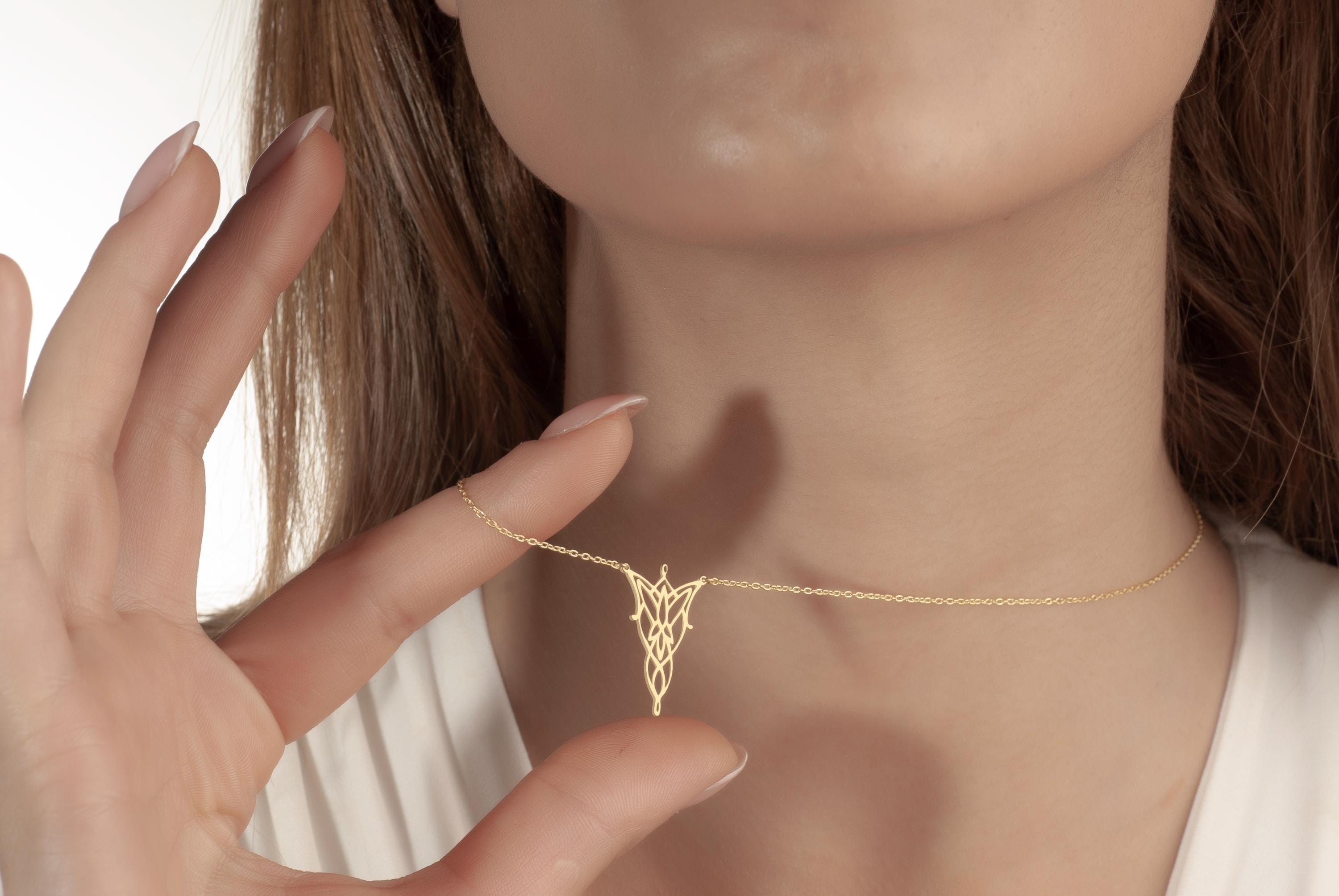 14K Gold Elven Leaf Necklace - Arwen Evenstar Necklace - LOTR Inspired Elven Pendant - Elvish Style Jewelry - Minimalist Fantasy Jewelry
