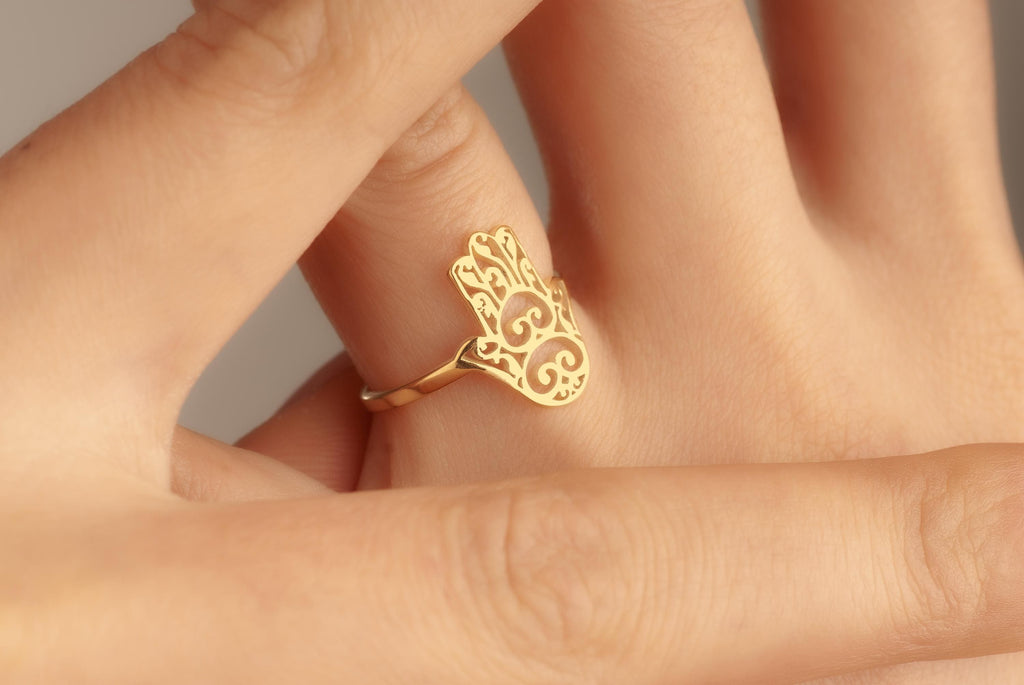 14K Gold Hamsa Ring. Hand of Fatima, Religious Jewelry, Spiritual Good Luck Gift For Her, Protection Amulet Jewelry, Gift For Mom