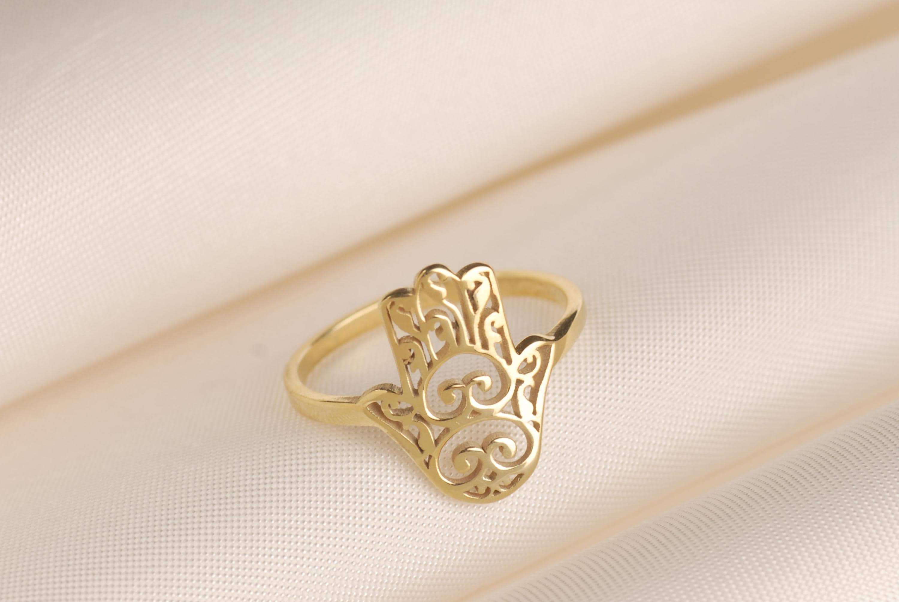 14K Gold Hamsa Ring. Hand of Fatima, Religious Jewelry, Spiritual Good Luck Gift For Her, Protection Amulet Jewelry, Gift For Mom
