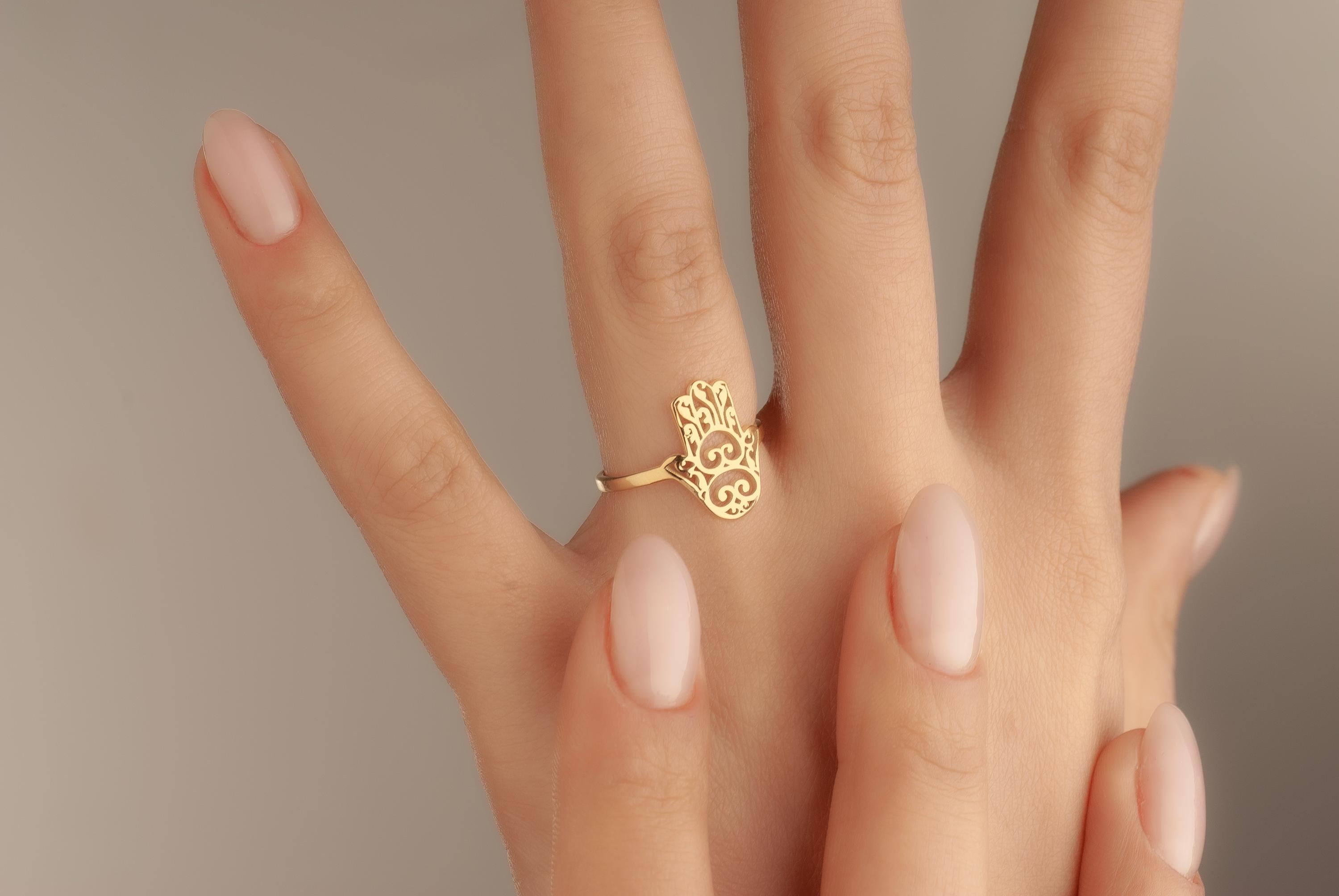 14K Gold Hamsa Ring. Hand of Fatima, Religious Jewelry, Spiritual Good Luck Gift For Her, Protection Amulet Jewelry, Gift For Mom