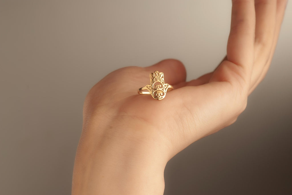 14K Gold Hamsa Ring. Hand of Fatima, Religious Jewelry, Spiritual Good Luck Gift For Her, Protection Amulet Jewelry, Gift For Mom
