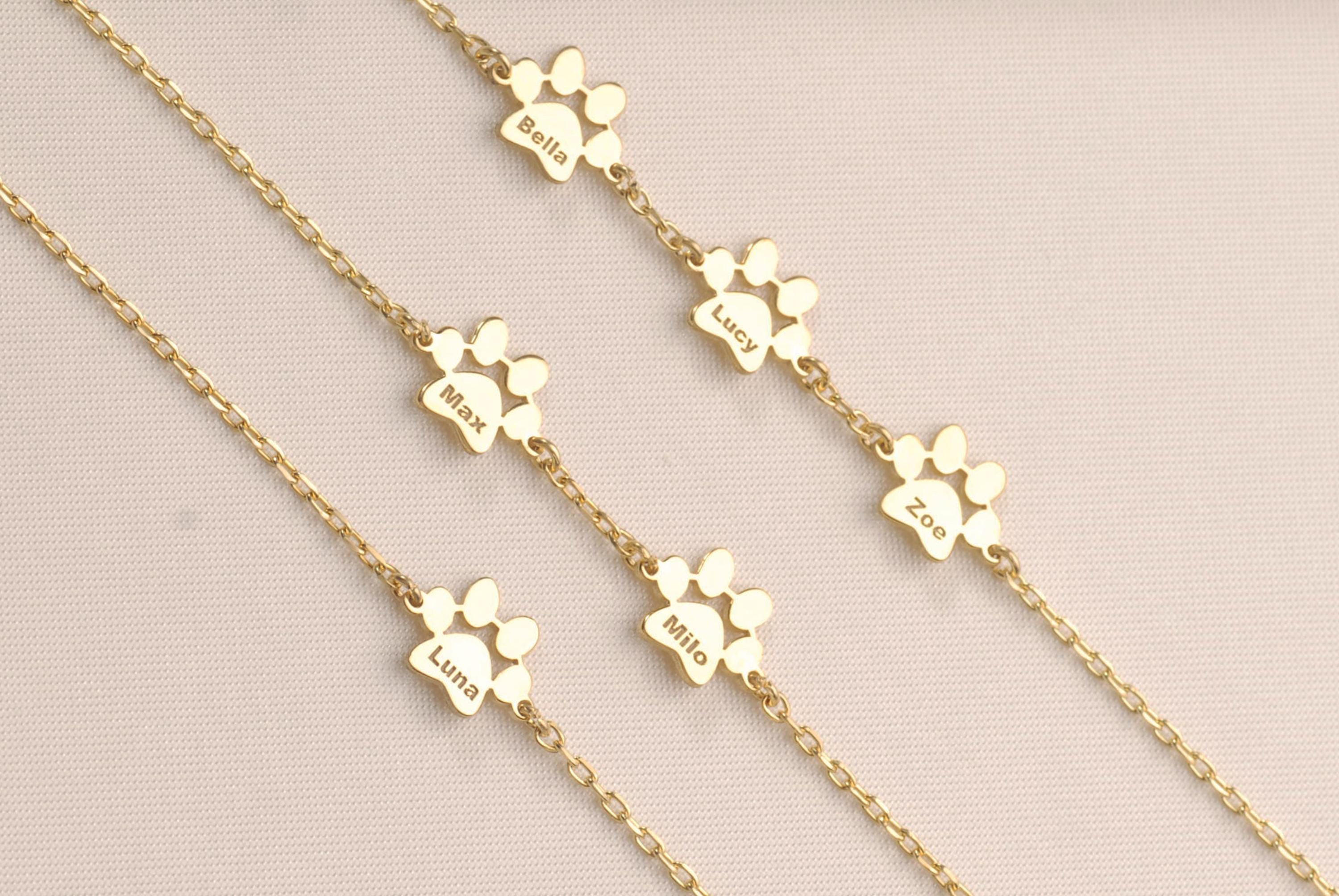14K Gold Paw Print Bracelet, Dog Paw Name Bracelet, Tiny Pet Paw Jewelry, Custom Pet Name Memorial Jewelry, Dog Lover Gift