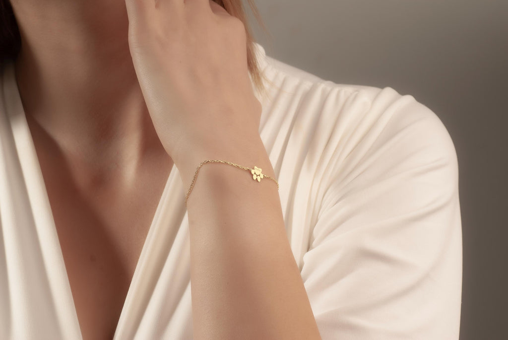14K Gold Paw Print Bracelet, Dog Paw Name Bracelet, Tiny Pet Paw Jewelry, Custom Pet Name Memorial Jewelry, Dog Lover Gift