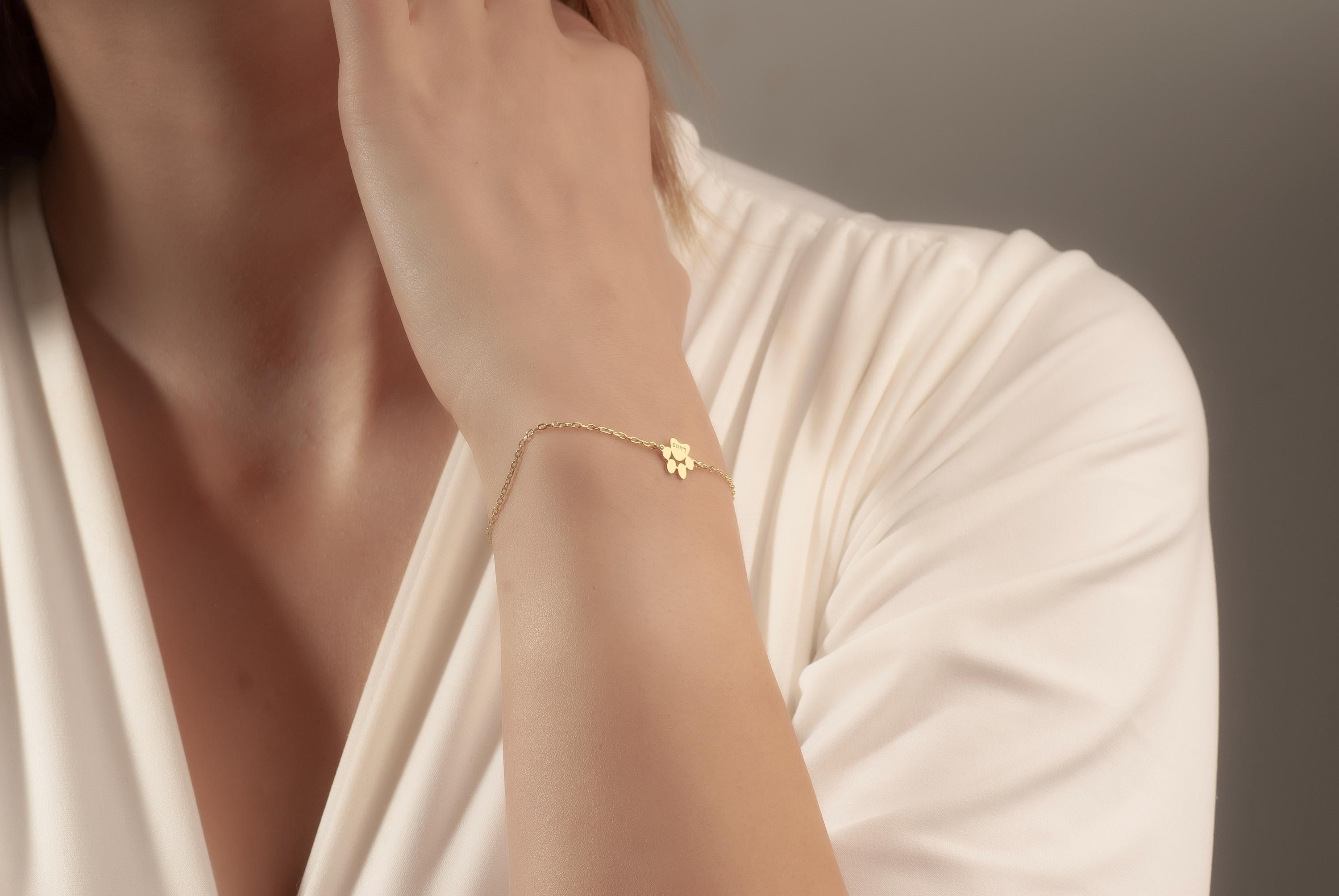 14K Gold Paw Print Bracelet, Dog Paw Name Bracelet, Tiny Pet Paw Jewelry, Custom Pet Name Memorial Jewelry, Dog Lover Gift