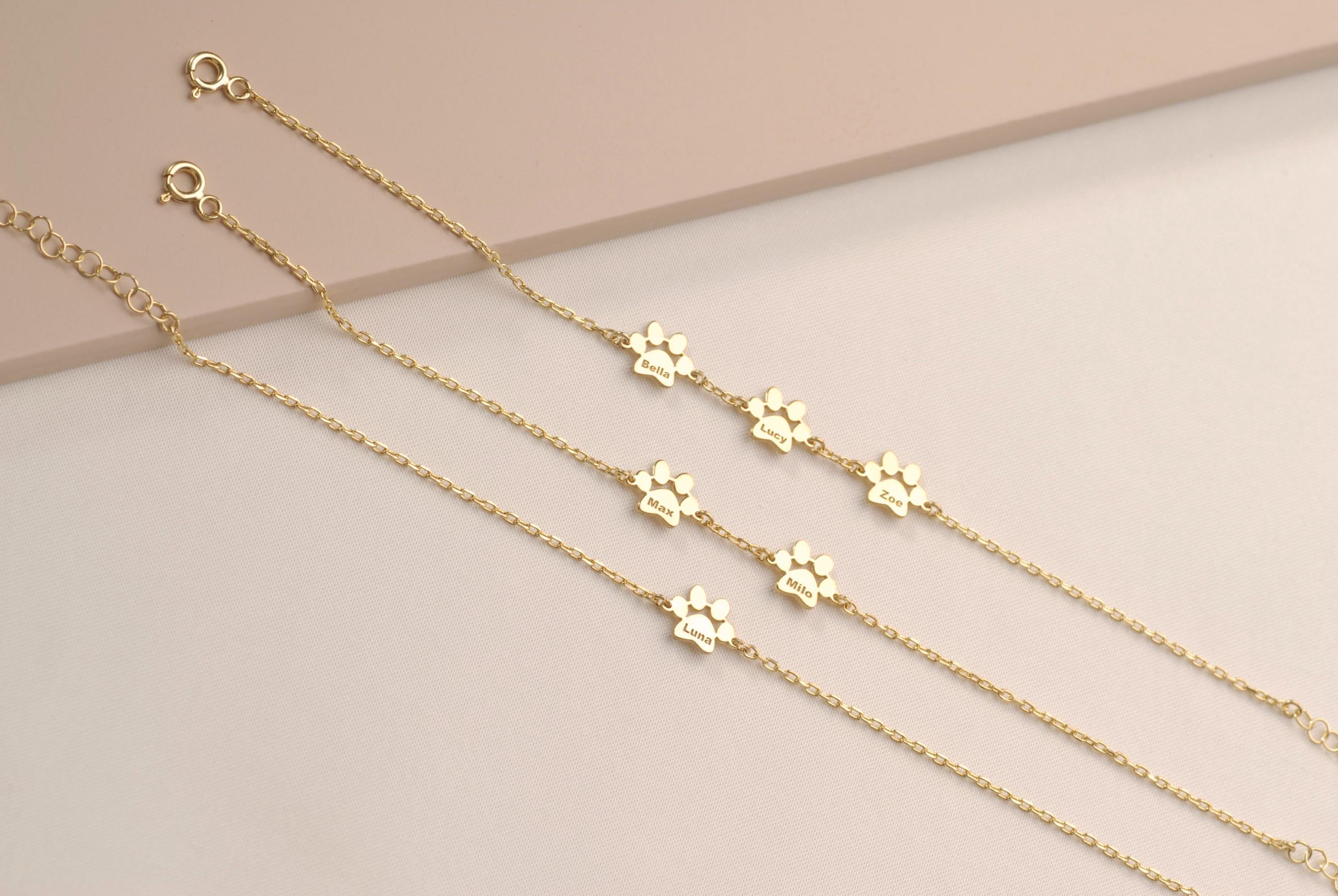 14K Gold Paw Print Bracelet, Dog Paw Name Bracelet, Tiny Pet Paw Jewelry, Custom Pet Name Memorial Jewelry, Dog Lover Gift
