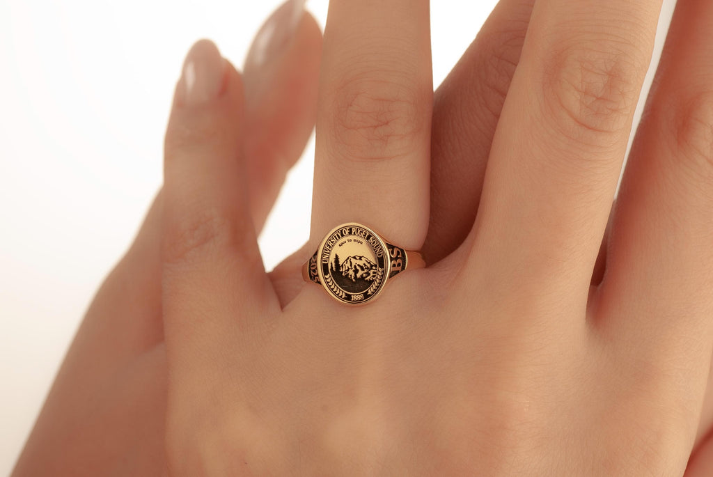 Custom 14K Solid Gold School Emblem Class Ring, Graduation Ring, College Ring, Senior Year Gift, Custom Crest Ring, Engraved Grad Gift