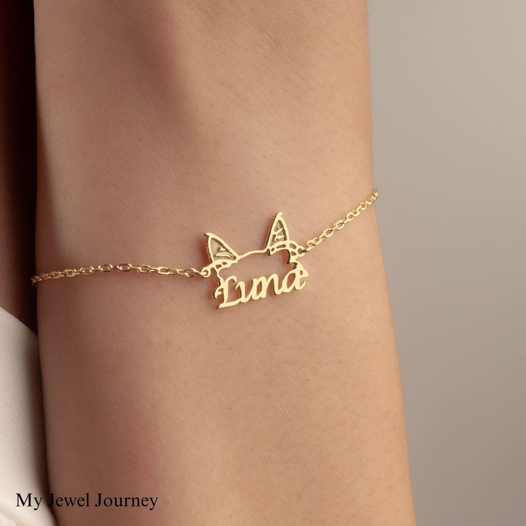 Custom 14K Gold Cat Ear Name Bracelet, Cat Ear Pendant, Cat Lover Necklace, Pet Jewelry, Personalized Pet Memorial Jewelry, Gift For Mom