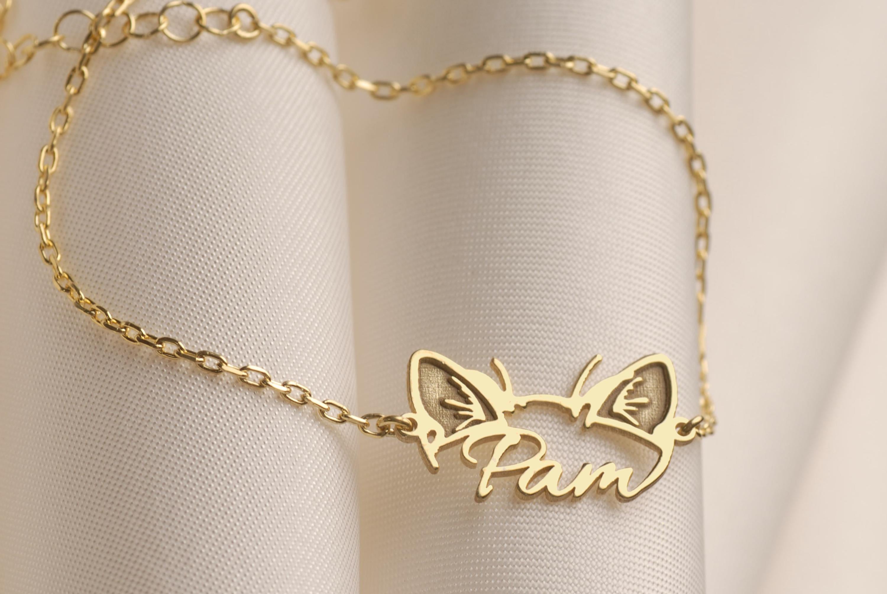 Custom 14K Gold Cat Ear Name Bracelet, Cat Ear Pendant, Cat Lover Necklace, Pet Jewelry, Personalized Pet Memorial Jewelry, Gift For Mom