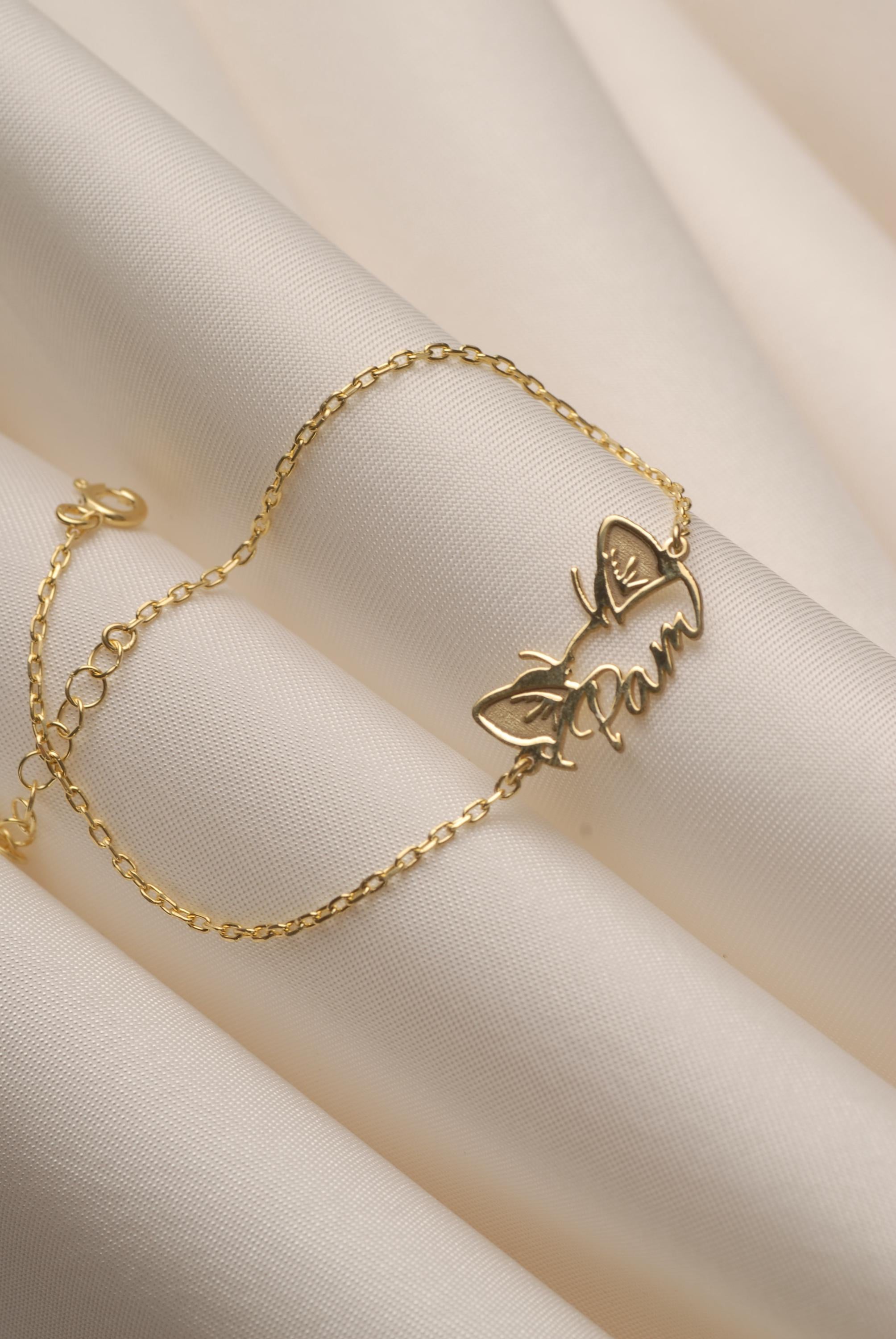 Custom 14K Gold Cat Ear Name Bracelet, Cat Ear Pendant, Cat Lover Necklace, Pet Jewelry, Personalized Pet Memorial Jewelry, Gift For Mom