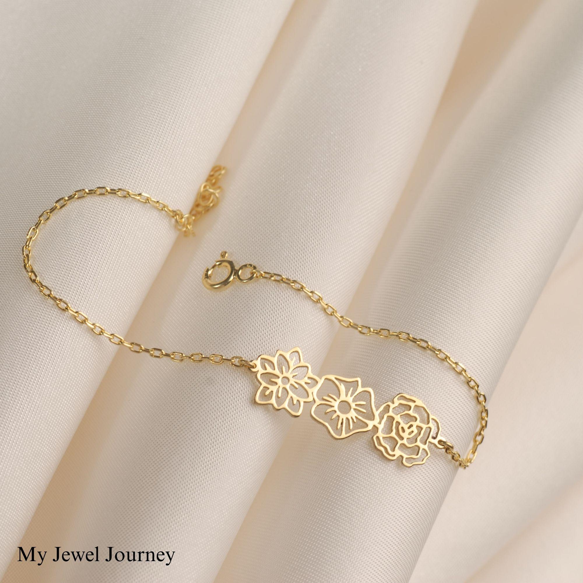 Personalized 14K Gold Birth Flower Bracelet, Birth Flower Family Bracelet, Personalized Gift for Mom, Birth Flowers Jewelry, Birthday Gift
