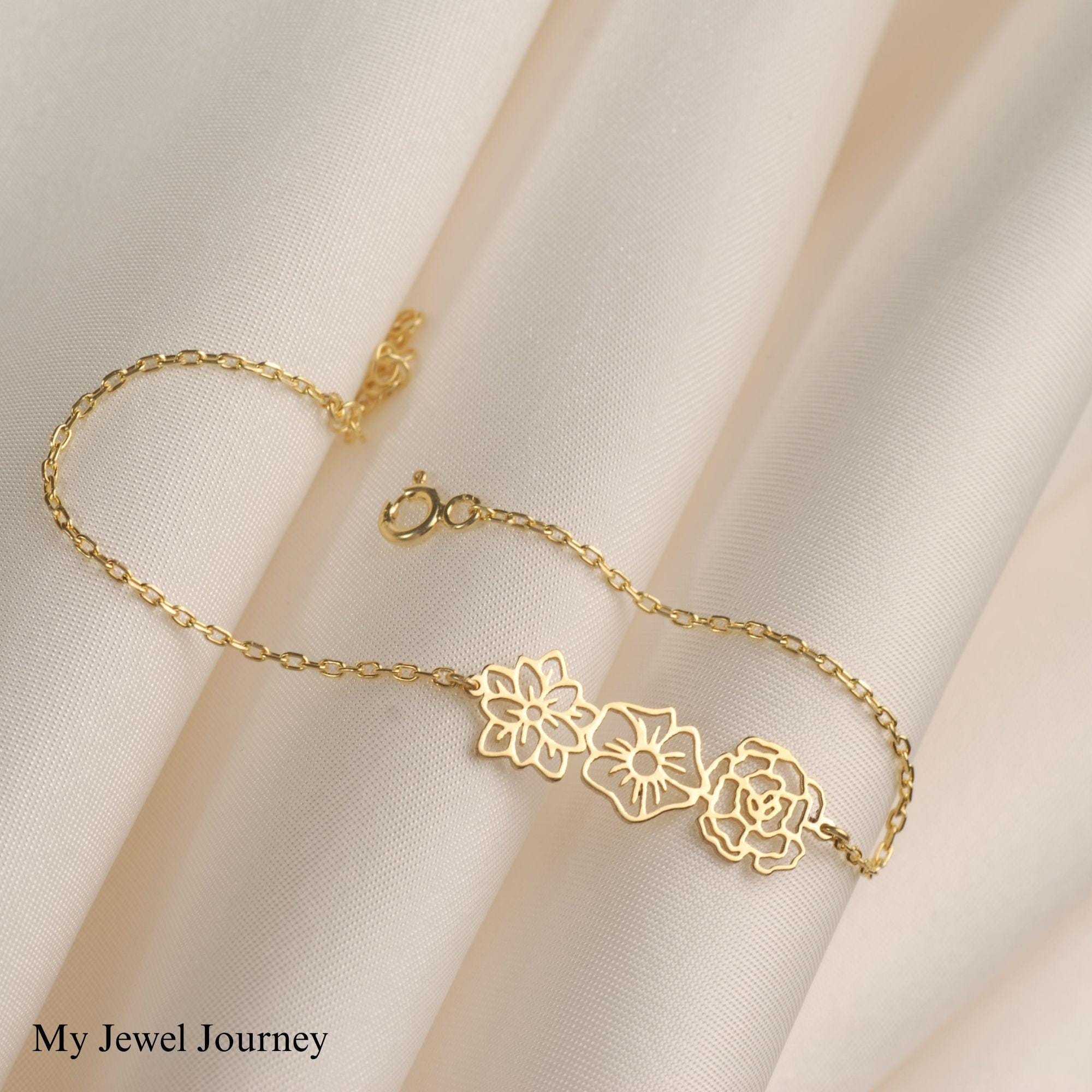 14K Gold Birth Flower Bracelet, Personalized Birth Flower Family Bracelet, Personalized Gift for Mom, Birth Flowers Jewelry, Birthday Gift