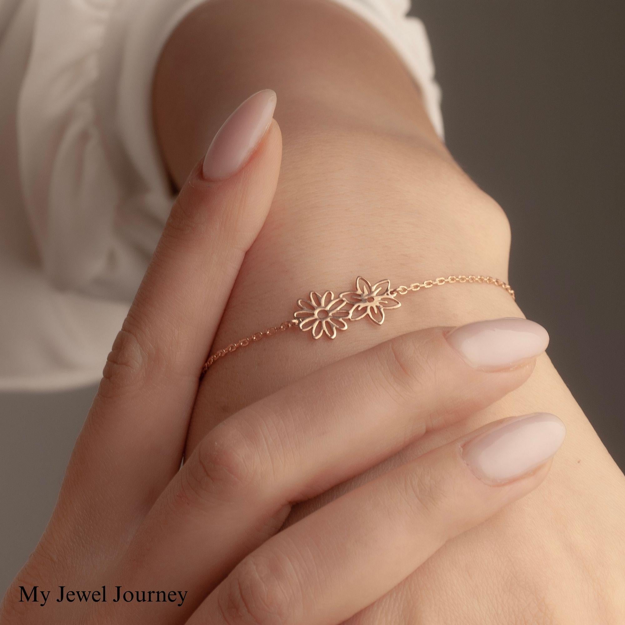 Personalized 14K Gold Birth Flower Bracelet, Birth Flower Family Bracelet, Personalized Gift for Mom, Birth Flowers Jewelry, Birthday Gift