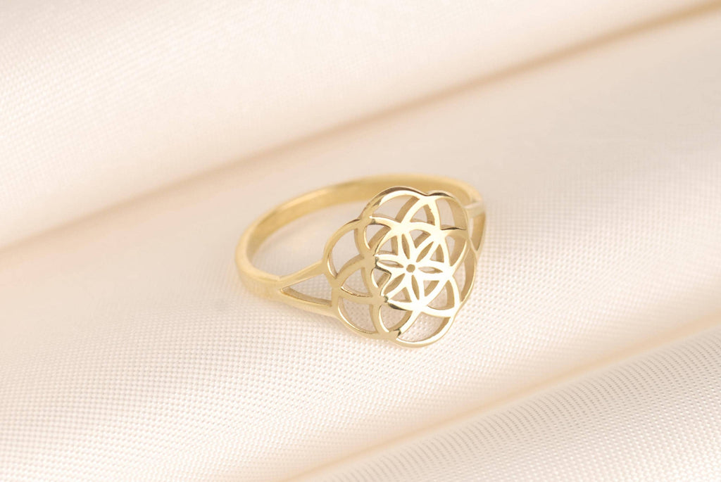 14K Gold Flower of Life Ring, Seed of Life Ring, Sacred Geometry Mandala Band Ring, Gold Yoga Ring, Boho Ring, Spiritual Ring For Her