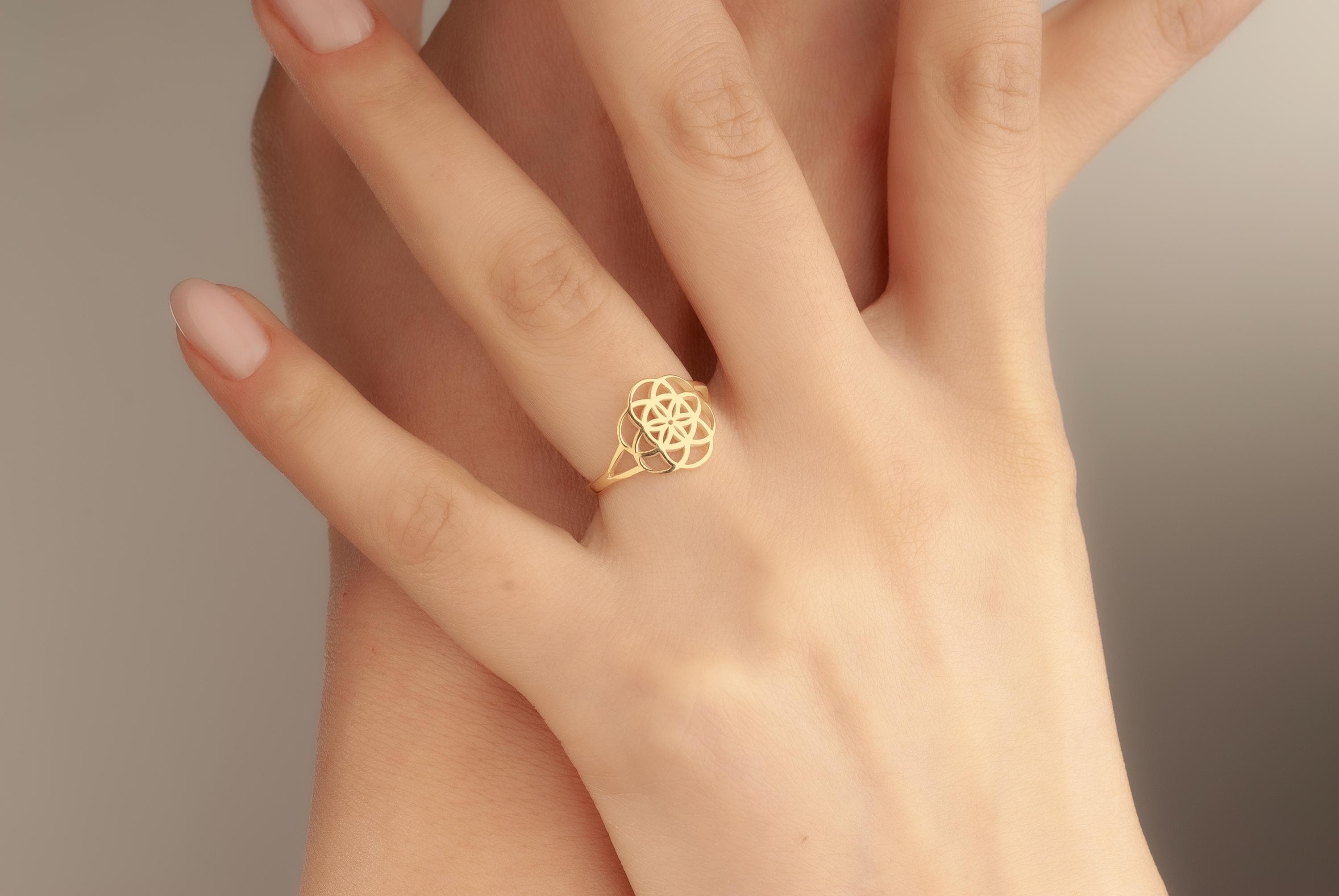 14K Gold Flower of Life Ring, Seed of Life Ring, Sacred Geometry Mandala Band Ring, Gold Yoga Ring, Boho Ring, Spiritual Ring For Her