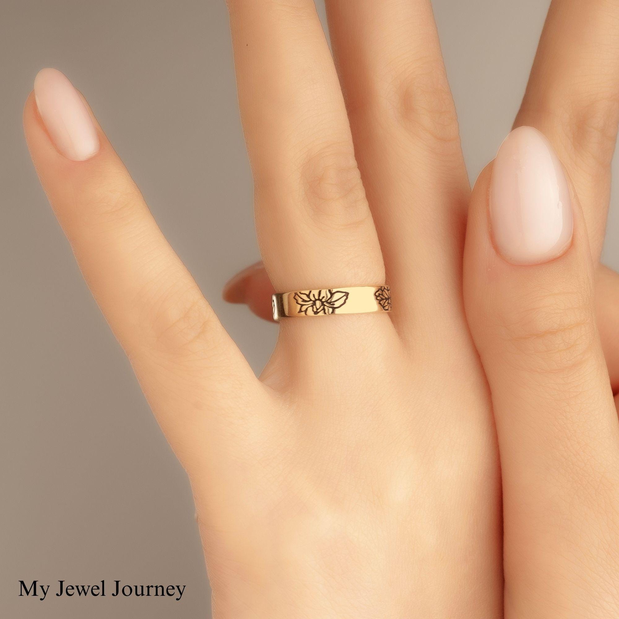 14K Gold Birthflower Ring, Mother Birth Flower Ring, Custom Engraved Floral Band Ring, Personalized Family Ring, Christmas Gift