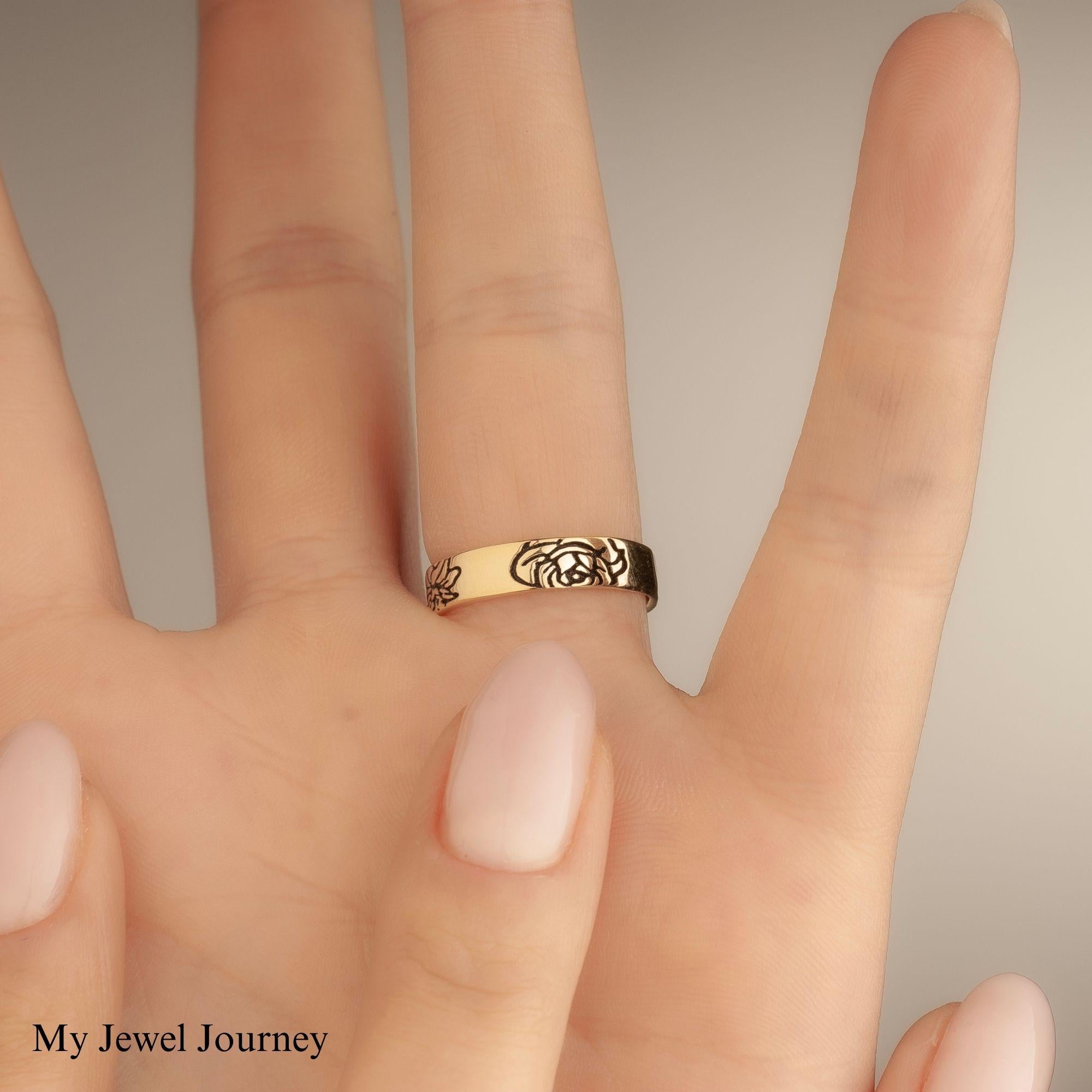 14K Gold Birthflower Ring, Mother Birth Flower Ring, Custom Engraved Floral Band Ring, Personalized Family Ring, Christmas Gift