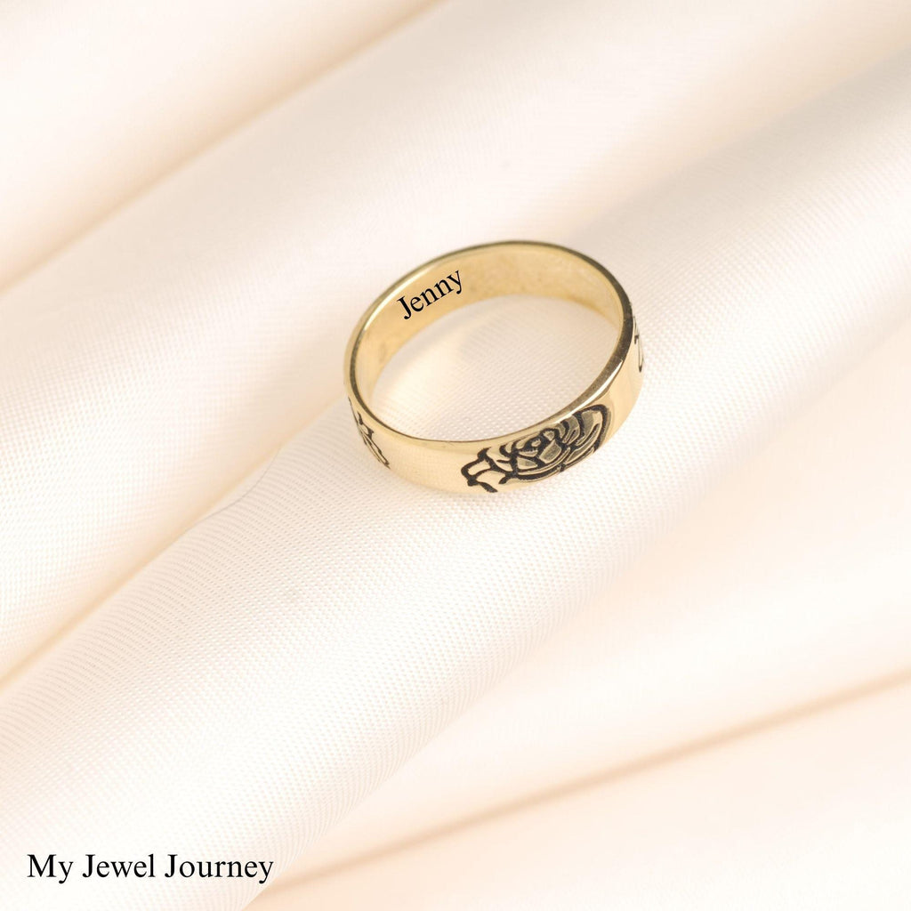 14K Gold Birthflower Ring, Mother Birth Flower Ring, Custom Engraved Floral Band Ring, Personalized Family Ring, Christmas Gift