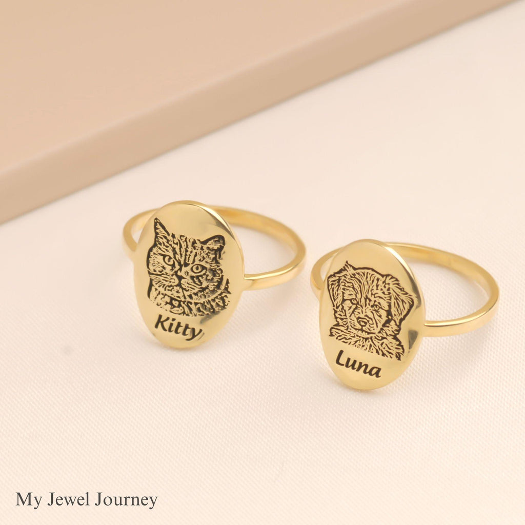 Custom 14K Gold Pet Portrait Ring, Dog Photo Ring, Cat Engraved Ring, Pet Photo Jewelry, Dog Memorial Jewelry, Gift For Dog Mom