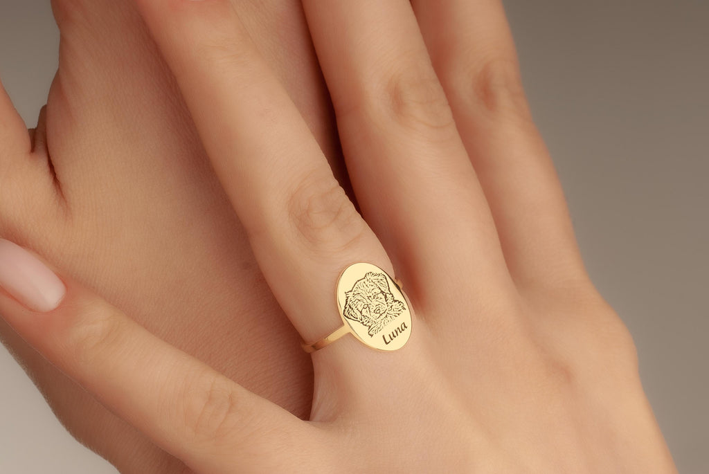 Custom 14K Gold Pet Portrait Ring, Dog Photo Ring, Cat Engraved Ring, Pet Photo Jewelry, Dog Memorial Jewelry, Gift For Dog Mom