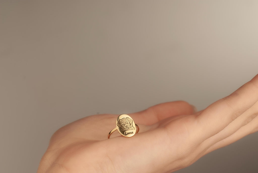 Custom 14K Gold Pet Portrait Ring, Dog Photo Ring, Cat Engraved Ring, Pet Photo Jewelry, Dog Memorial Jewelry, Gift For Dog Mom