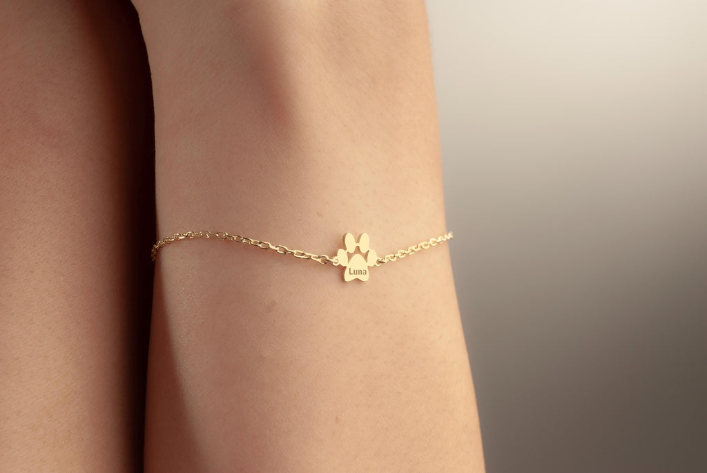 14K Gold Paw Print Bracelet, Dog Paw Name Bracelet, Tiny Pet Paw Jewelry, Custom Pet Name Memorial Jewelry, Dog Lover Gift