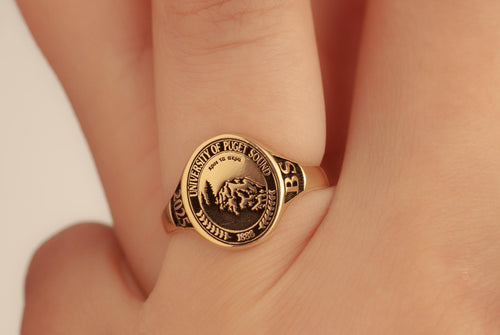 Custom 14K Solid Gold School Emblem Class Ring, Graduation Ring, College Ring, Senior Year Gift, Custom Crest Ring, Engraved Grad Gift
