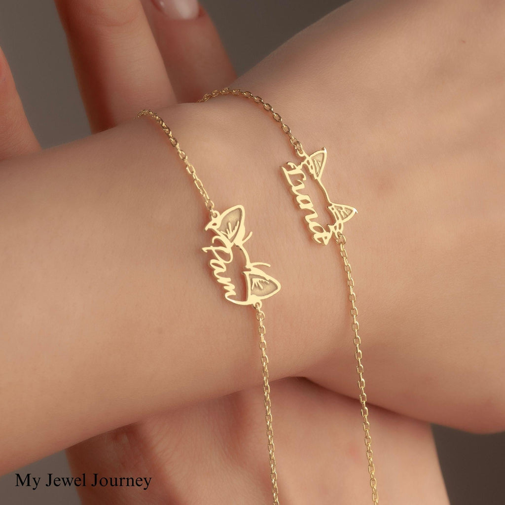 Custom 14K Gold Cat Ear Name Bracelet, Cat Ear Pendant, Cat Lover Necklace, Pet Jewelry, Personalized Pet Memorial Jewelry, Gift For Mom